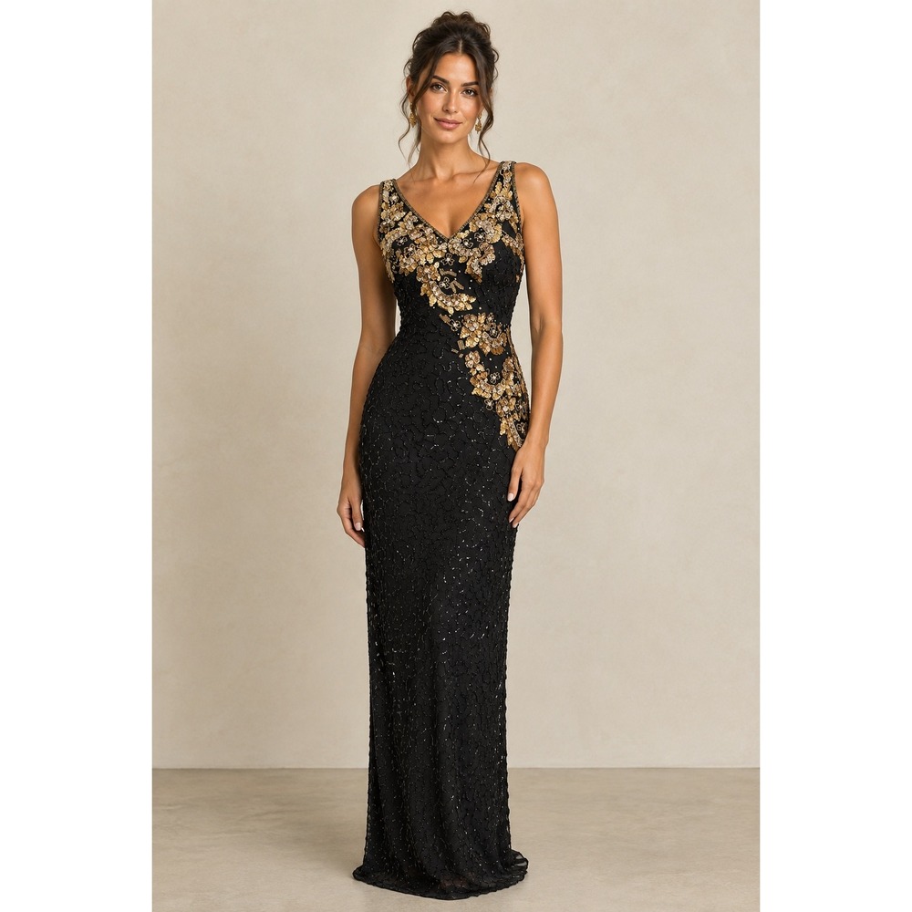 Vintage Jasz Designs 100% Silk Black Gold Sequin Beaded Maxi Gown Dress